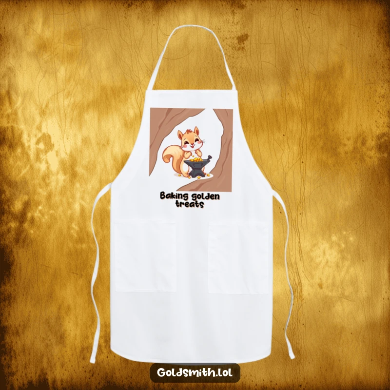 Funny apron with a cheerful squirrel arranging tiny gold nuggets on a miniature anvil, depicting organized cooking and financial humor.