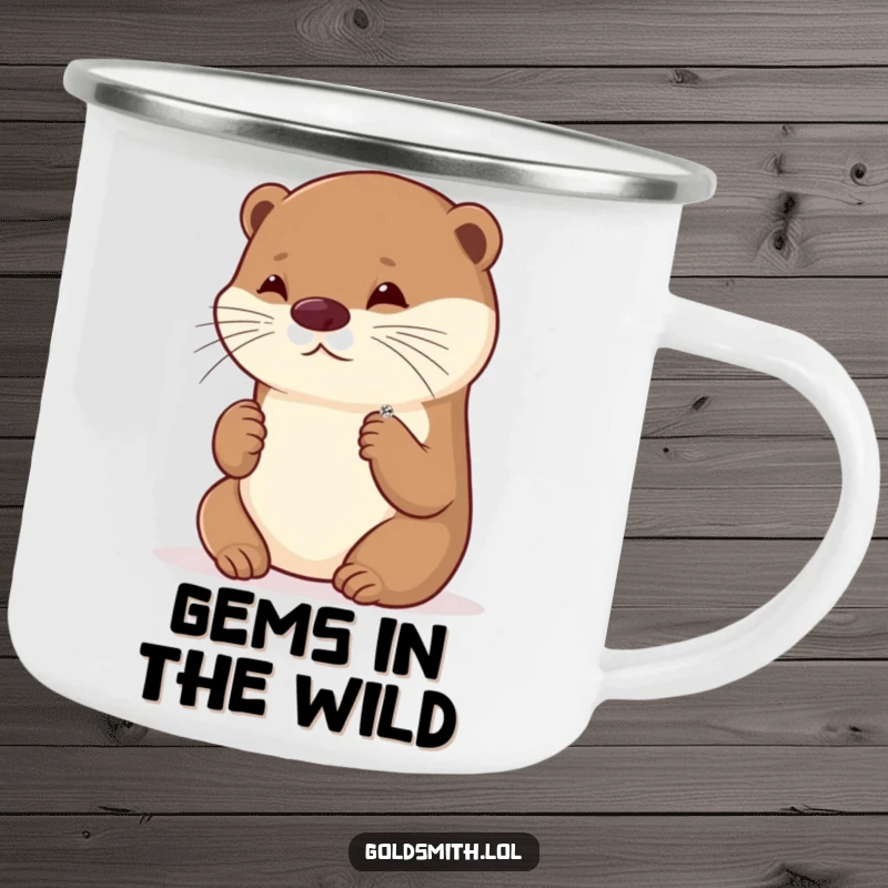 Funny camping mug with a playful otter admiring a tiny, sparkling brooch, perfect for outdoor charm and glamorous moments.