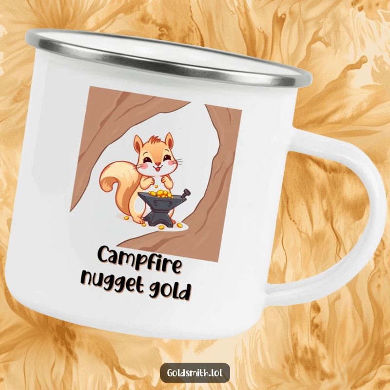 Funny camping mug with a cheerful squirrel arranging tiny gold nuggets on a miniature anvil, perfect for outdoor financial humor.