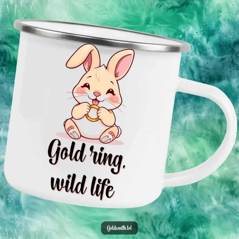 Funny camping mug with a happy rabbit carefully polishing a miniature golden ring, perfect for outdoor charm and meticulous moments.