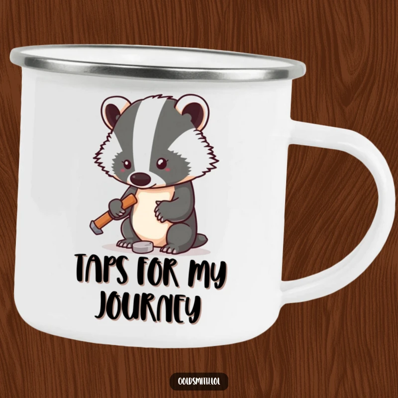 Funny camping mug showing a badger with a small hammer, intently working on a tiny metal piece, perfect for outdoor humor.
