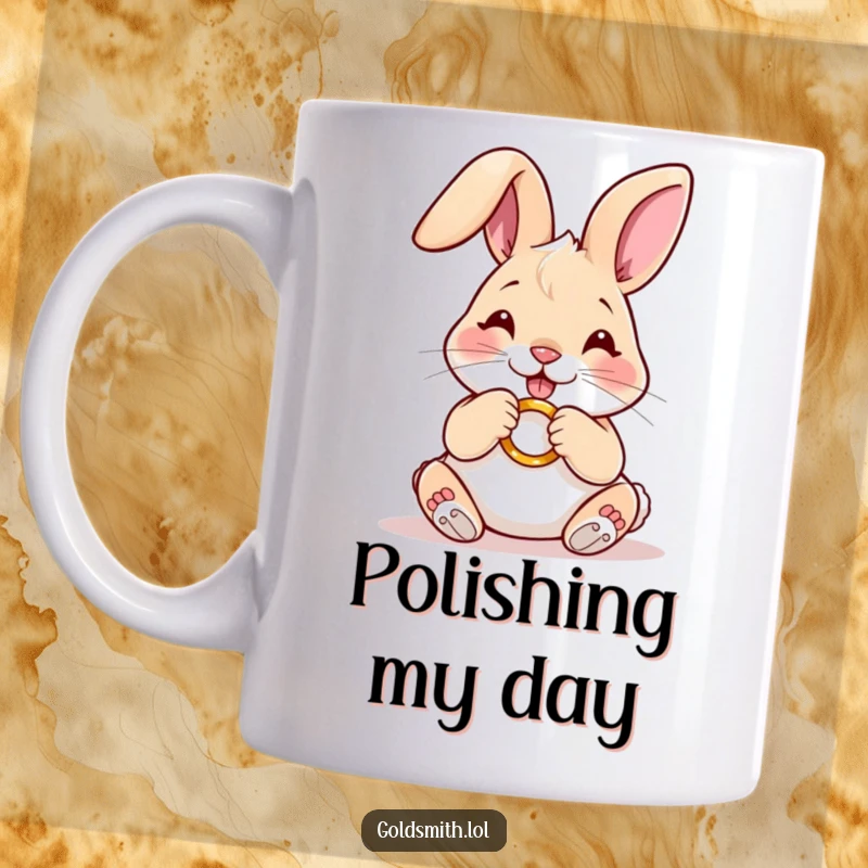 Funny mug featuring a happy rabbit carefully polishing a miniature golden ring, showcasing dedication to detail and pristine craftsmanship.