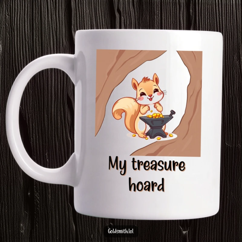 Funny mug featuring a cheerful squirrel meticulously arranging tiny gold nuggets on a miniature anvil, symbolizing wealth building and diligence.