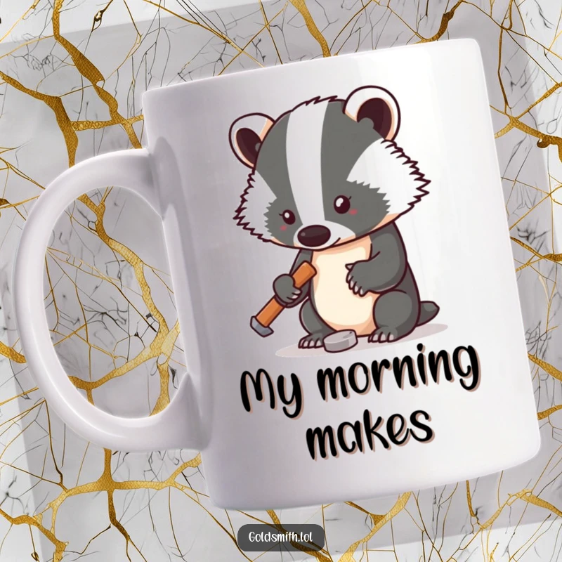Funny mug featuring a determined badger using a small hammer on a tiny piece of metal, showcasing intense focus and commitment to its craft.