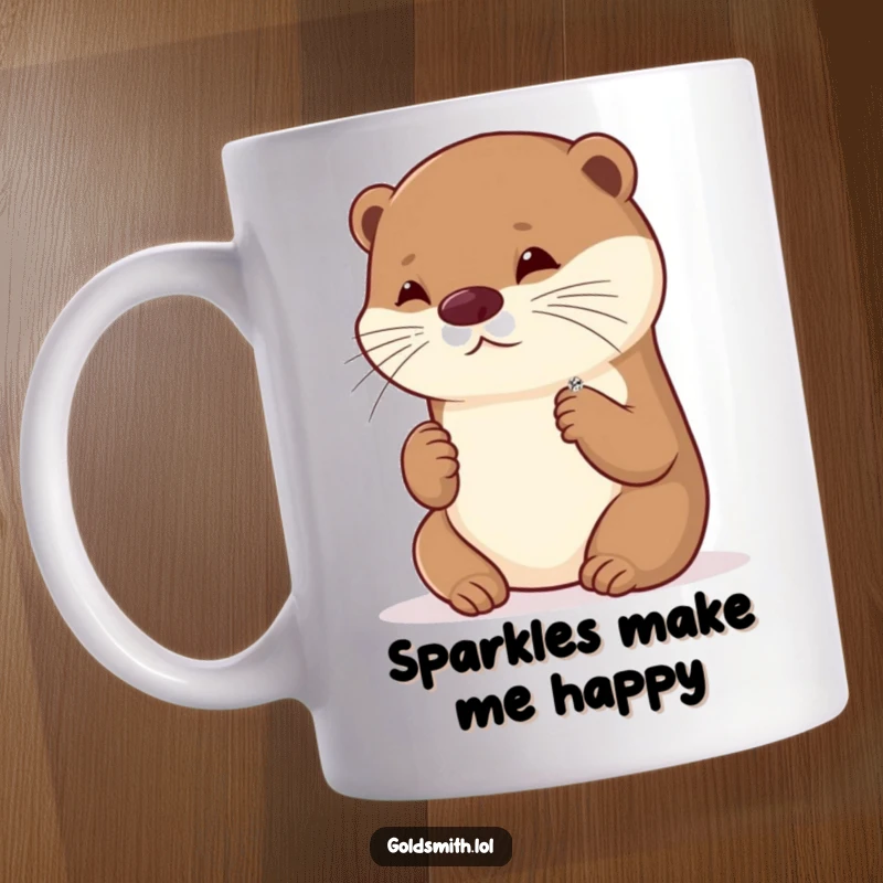 Funny mug featuring a playful otter gazing admiringly at a tiny, sparkling brooch, showcasing joy and fascination with fine details.