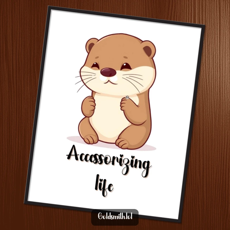 Funny digital art print of a playful otter admiring a tiny, sparkling brooch, bringing charm and elegance to digital spaces.