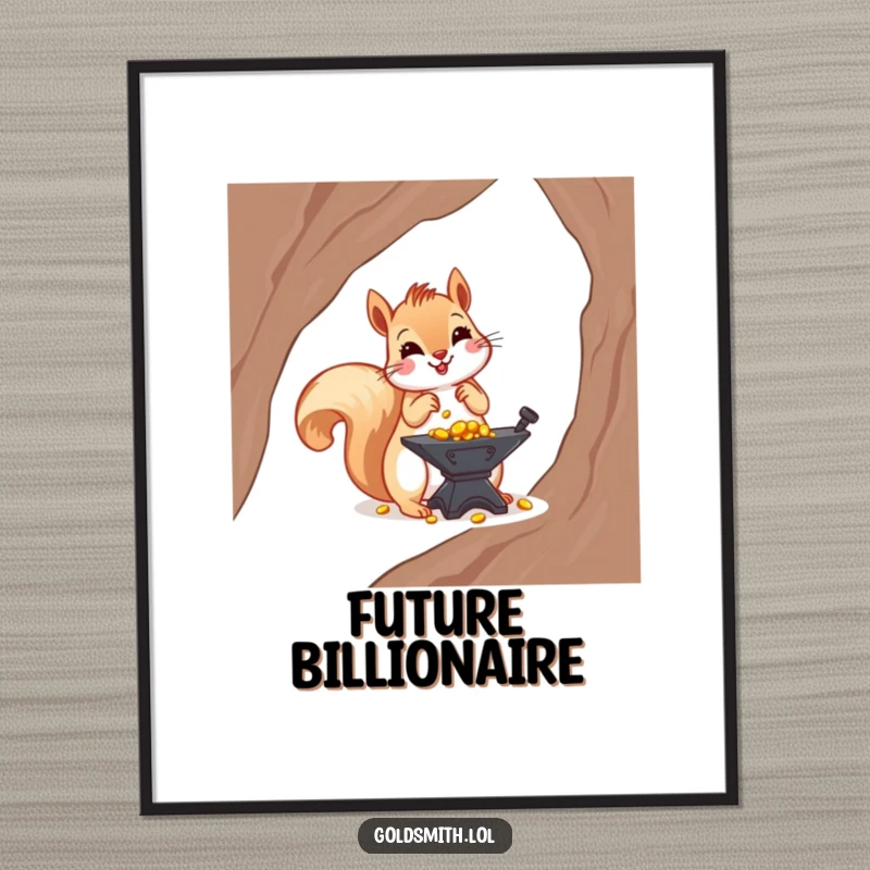 Funny digital art print of a cheerful squirrel arranging tiny gold nuggets on a miniature anvil, symbolizing wealth and investment humor.