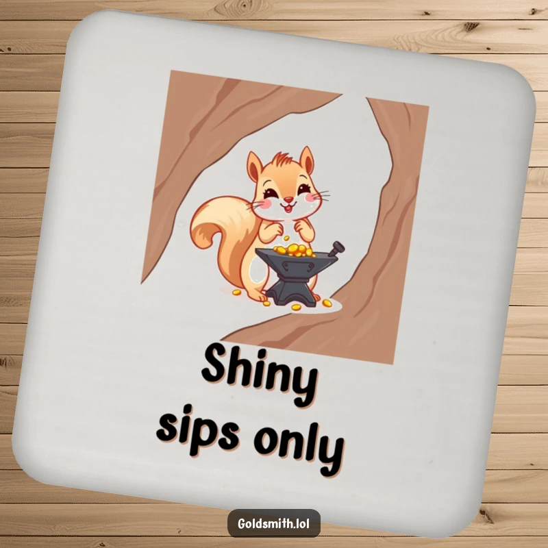Funny coaster featuring a cheerful squirrel meticulously arranging tiny gold nuggets on a small anvil, offering protection with financial humor.