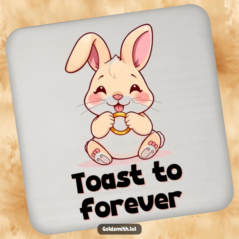 Funny coaster featuring a happy rabbit carefully polishing a miniature golden ring, offering surface protection with cute and meticulous humor.