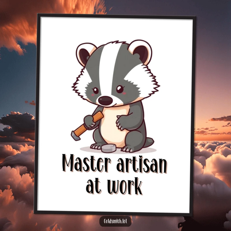 Funny poster of a badger with a small hammer intently tapping a tiny metal piece, a humorous depiction of dedicated craftsmanship.