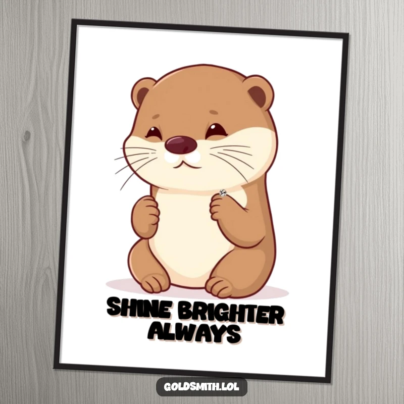 Funny poster of a playful otter gazing admiringly at a tiny, sparkling brooch, bringing joy and elegance to decor.