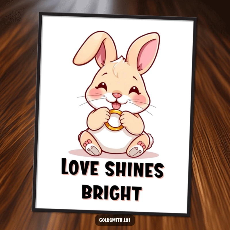 Funny poster of a happy rabbit carefully polishing a miniature golden ring, bringing joy and appreciation for craftsmanship to decor.