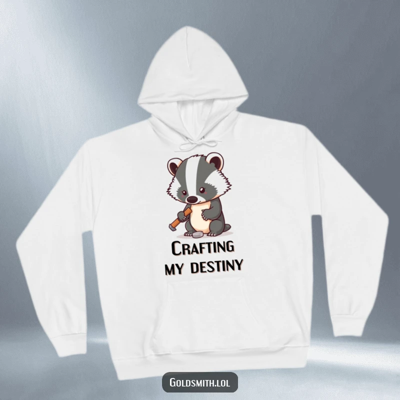 Funny hoodie showing a focused badger with a small hammer, meticulously working on a tiny metal piece, radiating dedication and humor.