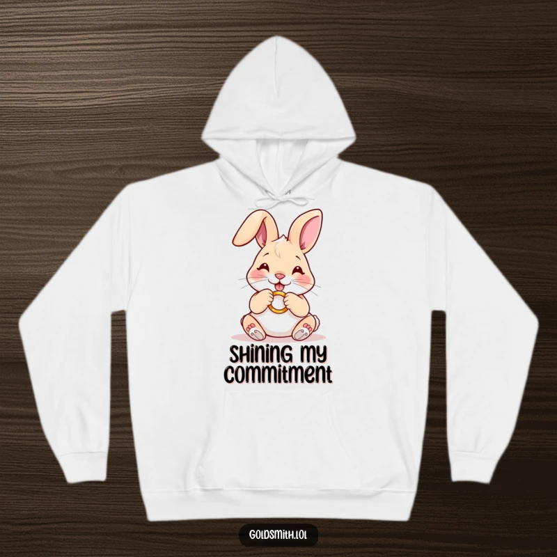 Funny hoodie showing a happy rabbit carefully polishing a miniature golden ring, exuding charm and a dedication to perfection.