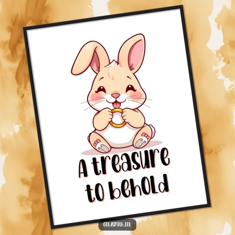 Funny free printable wall art of a happy rabbit diligently polishing a miniature, gleaming golden ring.