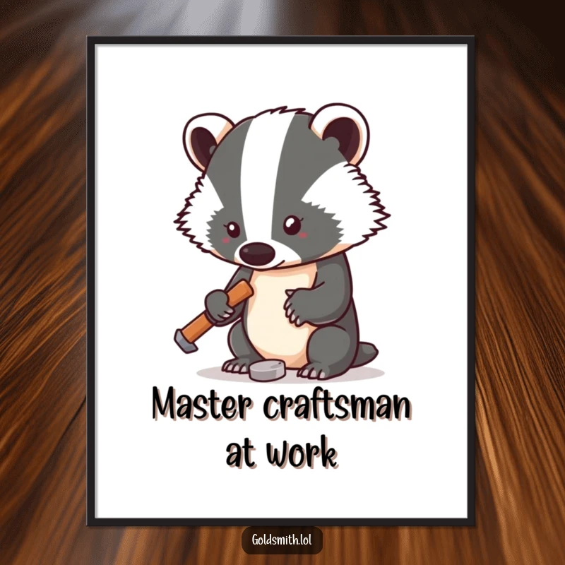 Funny free printable wall art featuring a determined badger with a small hammer, crafting a tiny metal masterpiece.