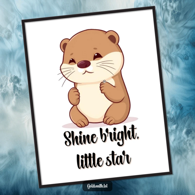 Funny free printable wall art of a playful otter captivated by a tiny, sparkling jewel brooch.