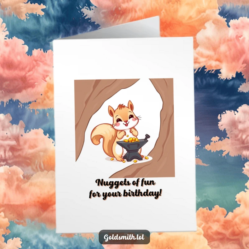 Funny free printable birthday card showing a cheerful squirrel arranging shiny gold nuggets on a miniature anvil.