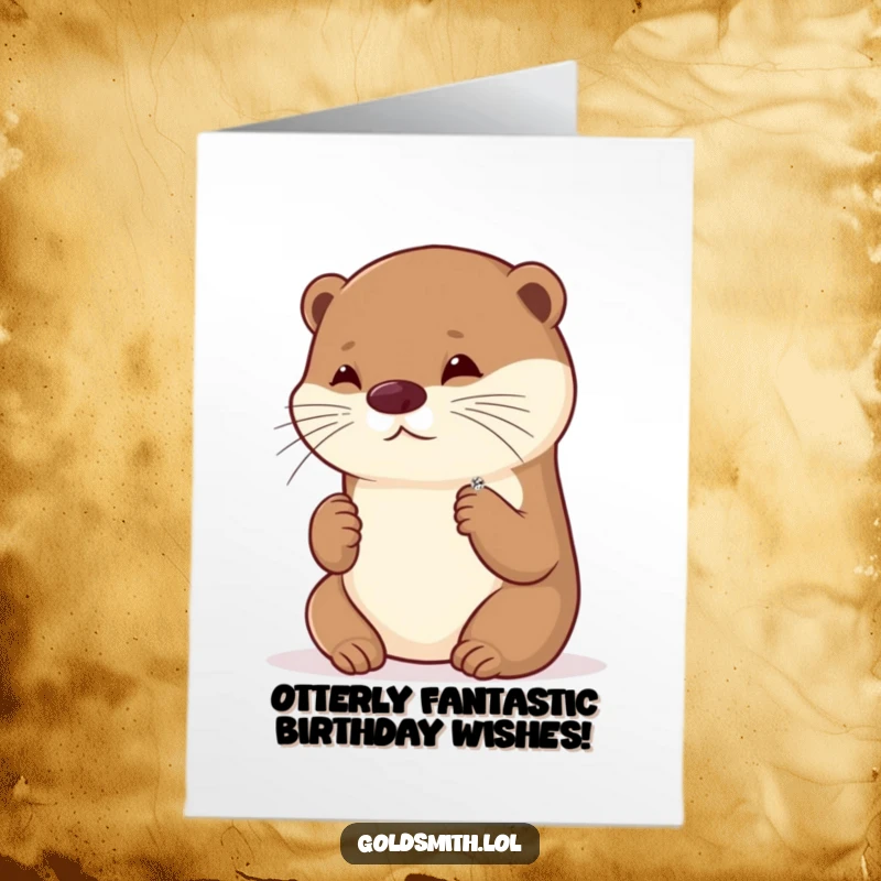 Funny free printable birthday card featuring a playful otter admiring a tiny, sparkling brooch with delight.