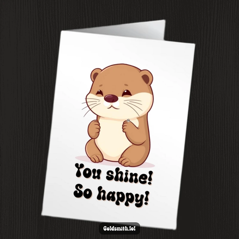 Funny free printable congratulations card showing a playful otter admiring a tiny, sparkling gemstone brooch.