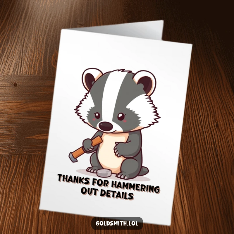 Funny free printable thank you card with a focused badger and a tiny hammer, a unique way to say thanks.
