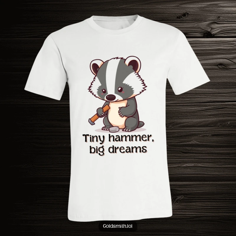 Funny t-shirt with a determined badger gently tapping metal with a tiny hammer, emphasizing meticulous work and charming focus.