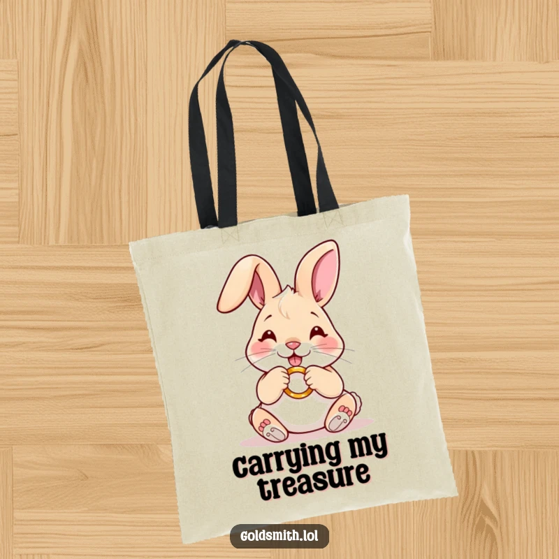 Funny tote bag with a happy rabbit carefully polishing a miniature golden ring, perfect for carrying essentials and spreading cute charm.