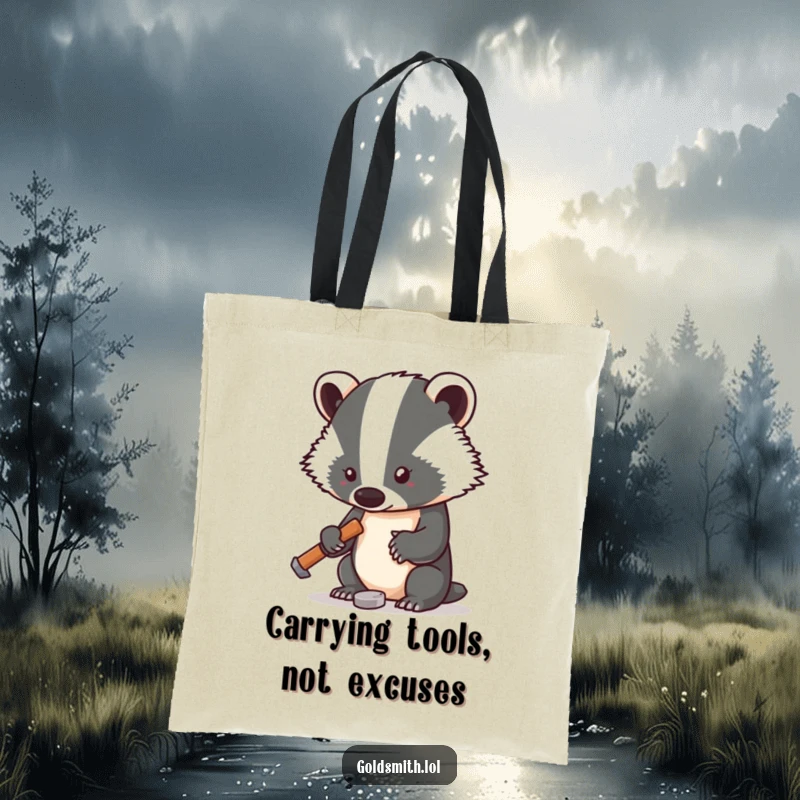 Funny tote bag depicting a badger with a small hammer, diligently tapping a tiny metal piece, embodying focused craftsmanship and humor.